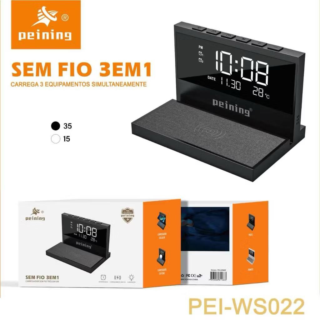 Carregador Sem Fio 3 em 1 PEINING PEI-WS022 com Luz Noturna | Base para Celular, Fone e Relógio