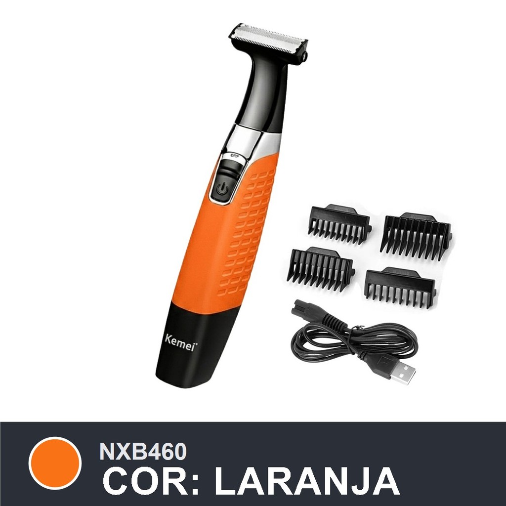 Máquina de Barbear e Aparador Kemei KM-1910 Recarregável Bivolt para Rosto e Corpo - Cor Laranja