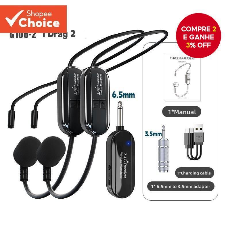 [Shopee Choice] Microfone Sem Fio 2.4G Fone De Ouvido Montado Na Cabeça/Portátil Microfones De Alcance 2 Em 1 De 160 Pés