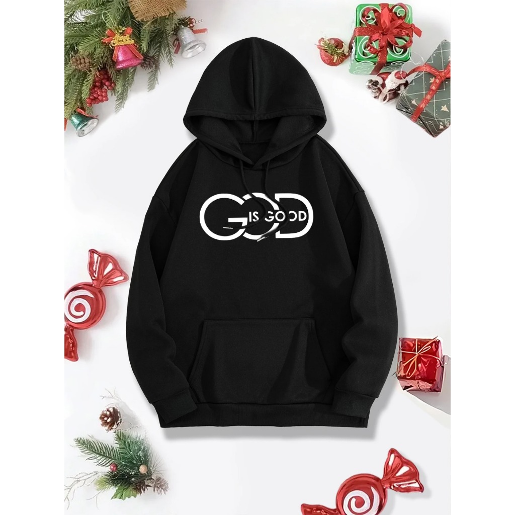 Moletom com capuz estampado gráfico ``God is Good´´ e cordão, blusa de moletom casual Unisex no inverno e outono