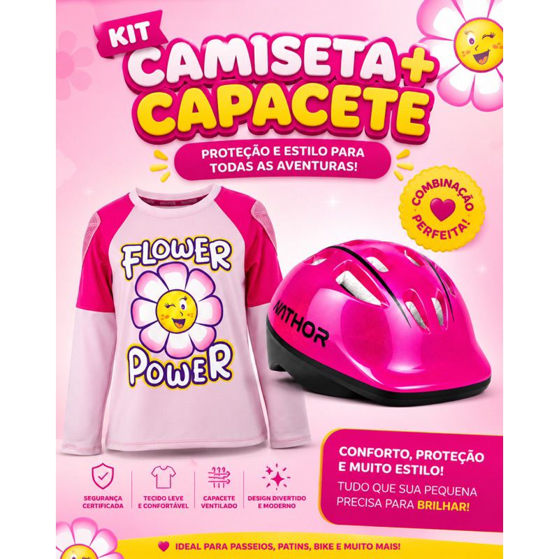 Kit Infantil Proteção Ciclismo Flower Power – Camiseta UV 50+ Manga Longa + Capacete Rosa para Bicicleta, Patins e Skate
