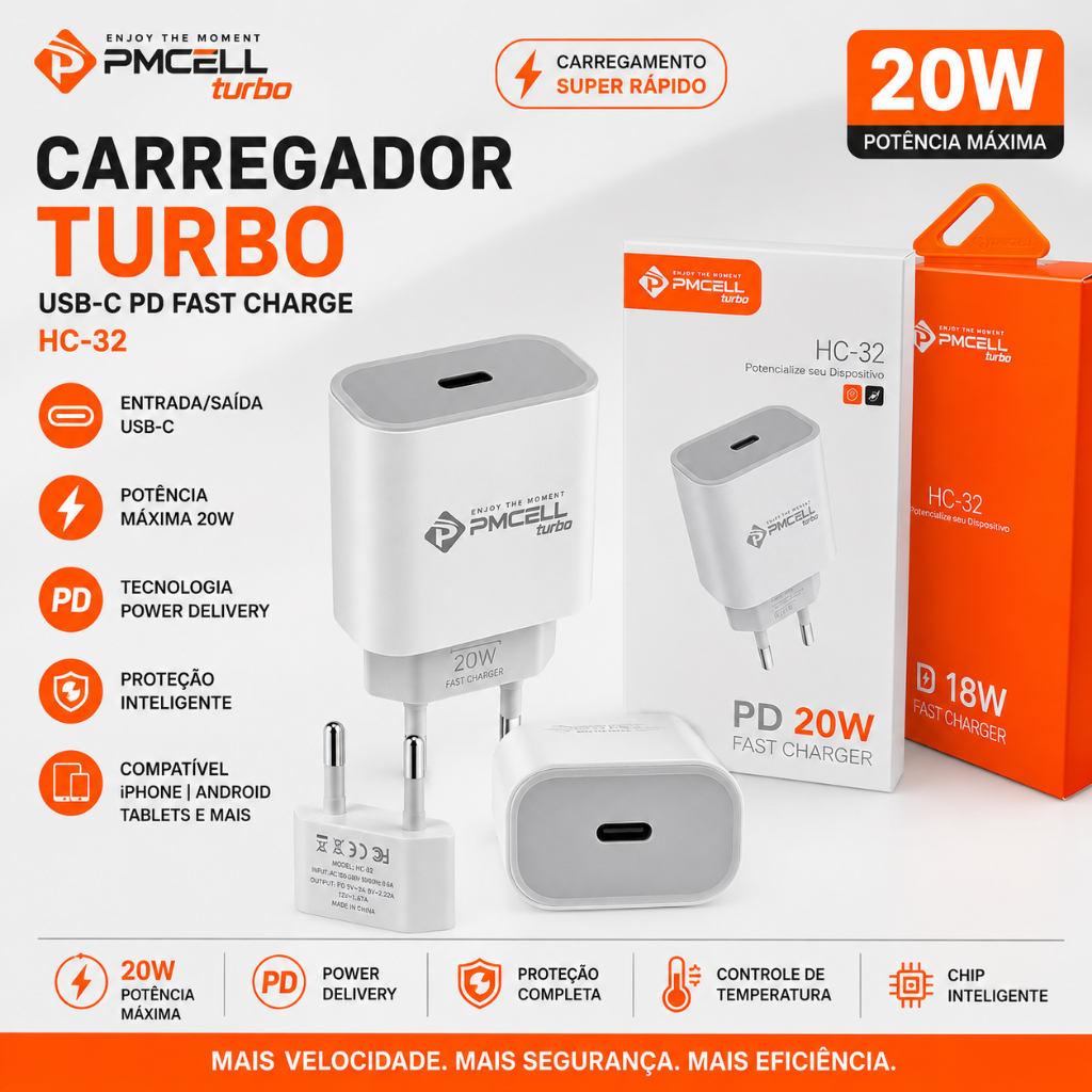 Carregador de Celular Turbo 20W USB-C PD PMCELL HC-32 Fast Charge Tipo C iPhone Android