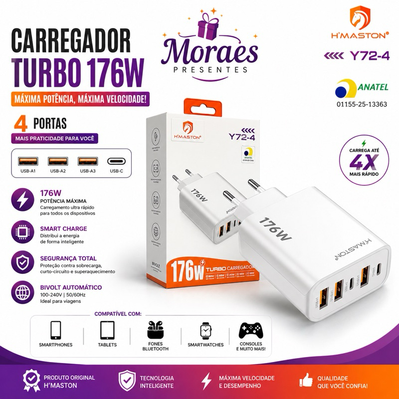 Carregador Turbo H’Maston 176W com 4 portas, USB-C, Fast Charge, bivolt e homologado pela Anatel.