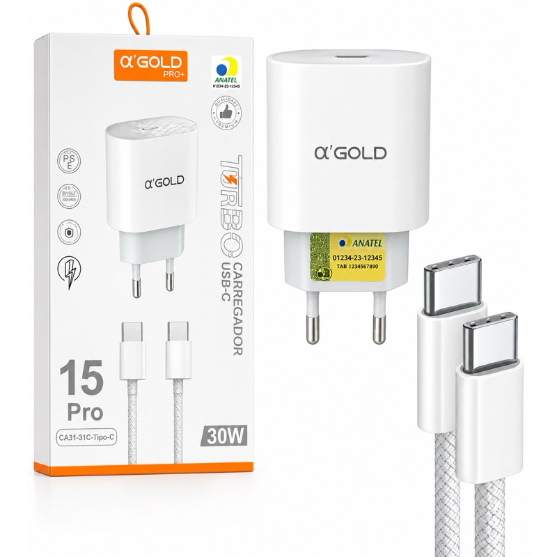 Carregador Turbo Completo com cabo 30w Para android e iPhone Tipo C Branco Fast