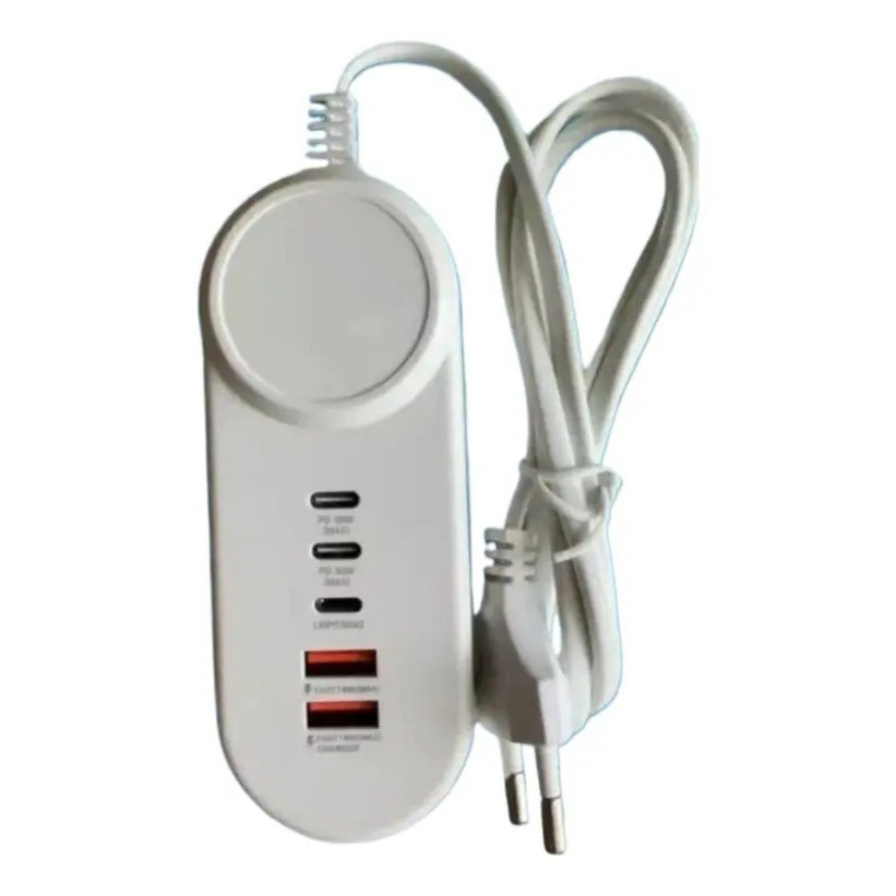 Carregador de Tomada com Fio Fast Charge 3.1 25W 5 Portas 2 TIPO C / 2 USB / 1 LIGHTNING Luatek