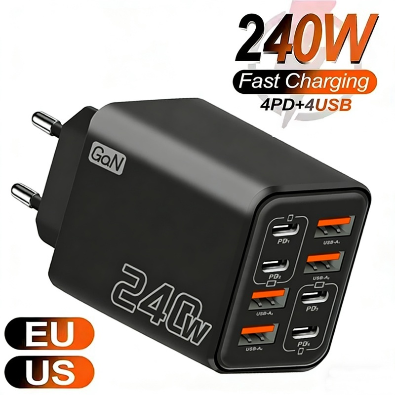 Carregador GaN 240W 8 em 1 USB-C PD 4 USB + 4 Type-C Fast Charging
