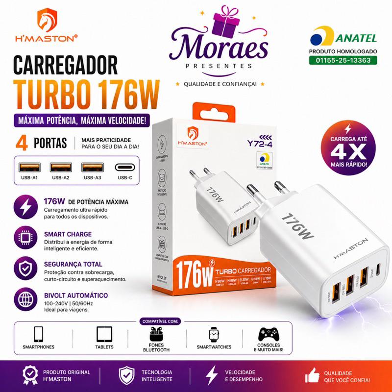 Carregador Turbo H’Maston 176W com 4 portas, USB-C, Fast Charge, bivolt e homologado pela Anatel.