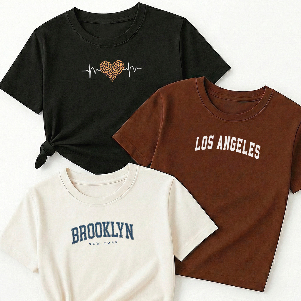 Camiseta Feminina Kit 3 Batimento Coração Onça Preto Los Angeles Arch Marrom Brooklyn New York Azul Off White