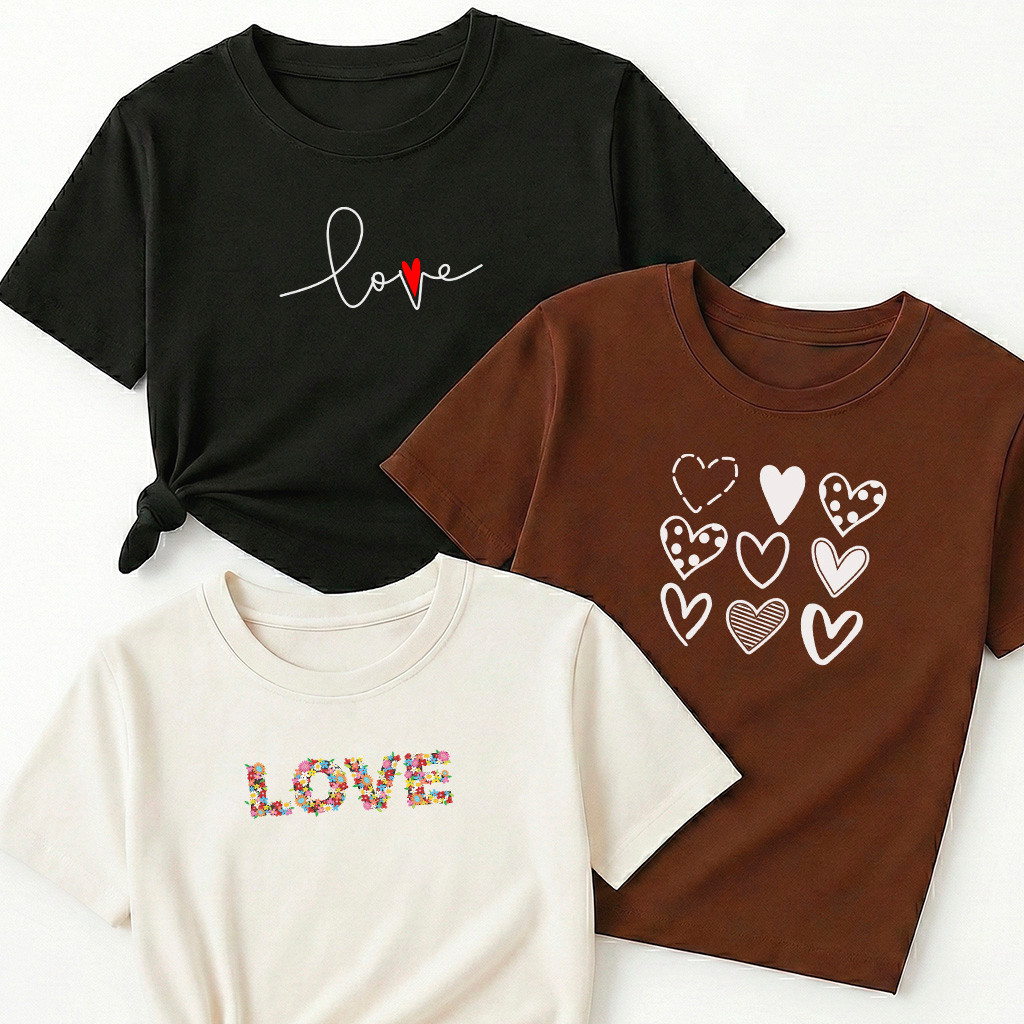 Camiseta Feminina Kit 3 Love Cursivo Preto Nove Corações Marrom Love Floral Off White