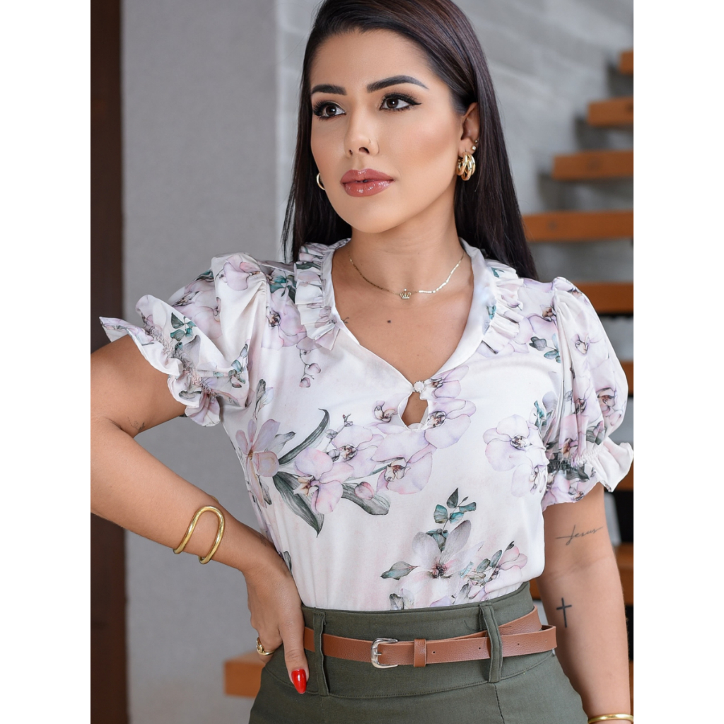 Blusinha Manga Princesa Off White Floral Martines