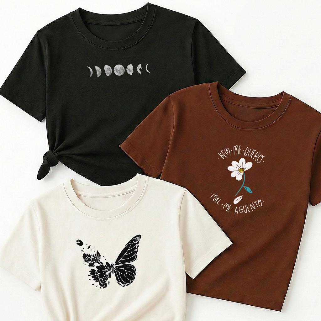 Camiseta Feminina Kit 3 Fases da Lua Preto Flor Bem Me Quero Marrom Borboleta Floral Off White