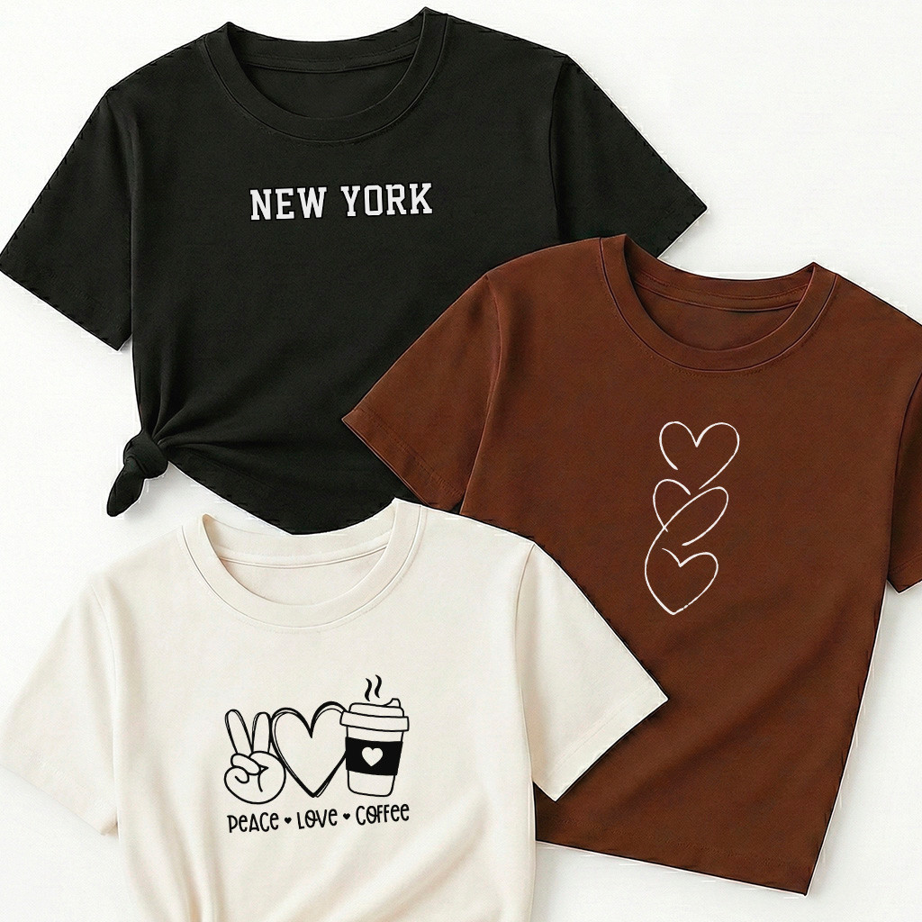 Camiseta Feminina Kit 3 New York Minimalista Preto Três Corações Vertical Marrom Peace Love Coffee Off White