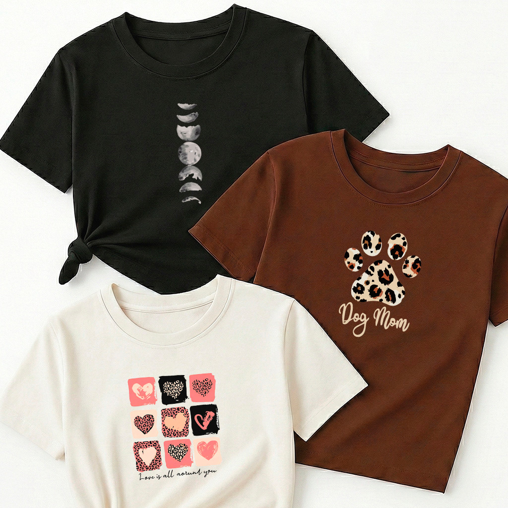 Camiseta Feminina Kit 3 Fases da Lua Vertical Preto Pata Onça Dog Mom Marrom Nove Corações Mix Love Is All Off White