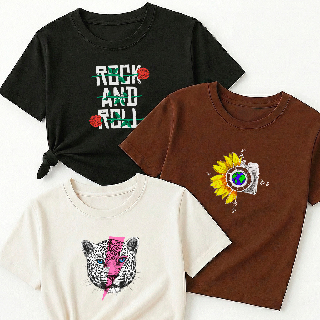 Camiseta Feminina Kit 3 Rock and Roll Preto Câmera Girassol Marrom Onça Raio Rosa Off White