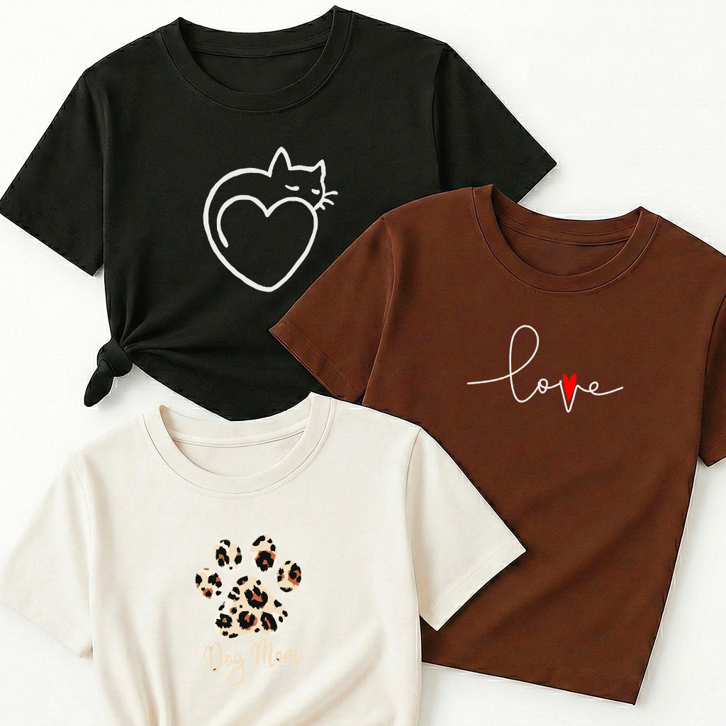 Camiseta Feminina Kit 3 Gato Coração Preto Love Cursivo Marrom Pata Onça Off White