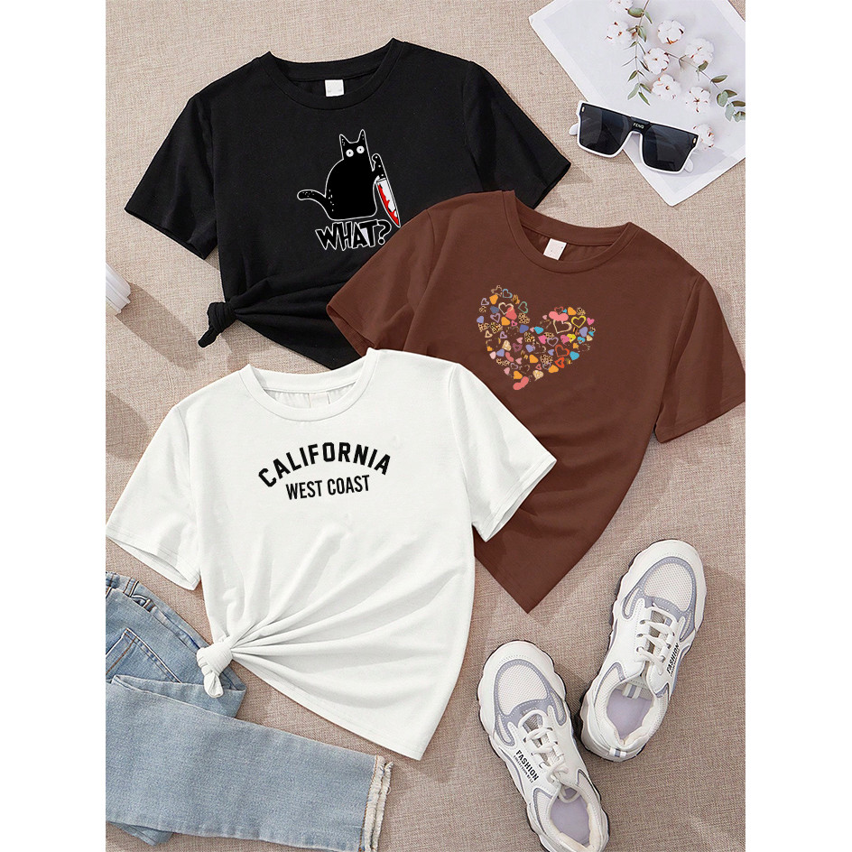 Camiseta Feminina Kit 3 Gato Faca What Preto Coração de Corações Coloridos Marrom California West Coast Off White