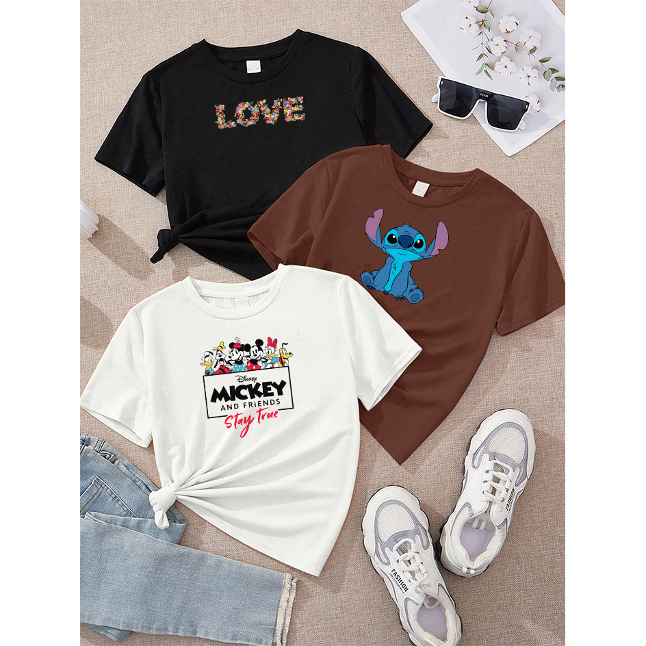 Camiseta Feminina Kit 3 Love Floral Preto Stitch Sentado Marrom Mickey And Friends Off White