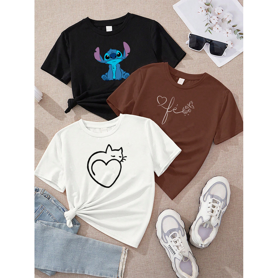 Camiseta Feminina Kit 3 Stitch Sentado Preto Fé Cursivo Marrom Gato Coração Off White