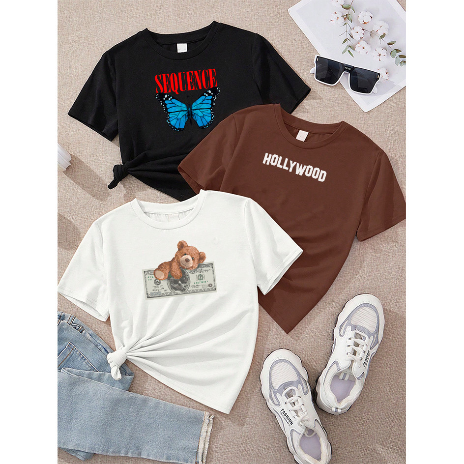 Camiseta Feminina Kit 3 Sequence Borboleta Preto Hollywood Marrom Urso Dinheiro Off White