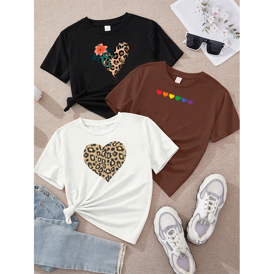 Camiseta Feminina Kit 3 Coração Floral Onça Preto Corações Arco Íris Marrom Coração Onça Off White