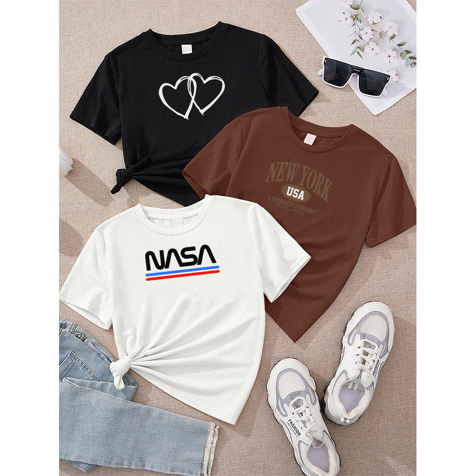 Camiseta Feminina Kit 3 Dois Corações Preto New York USA Marrom Nasa Off White