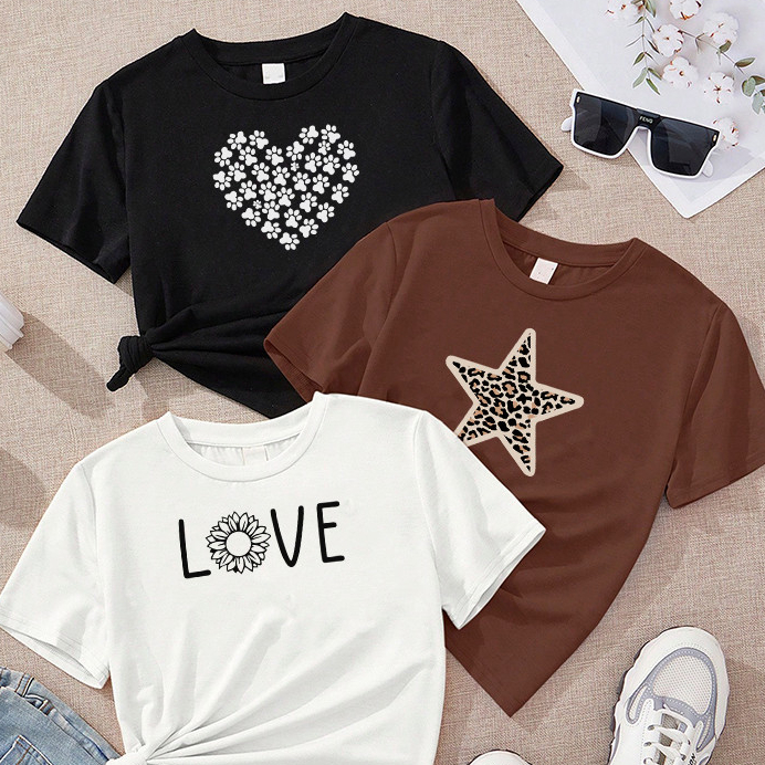 Camiseta Feminina Kit 3 Coração Patinhas Preto Estrela Onça Marrom Love Girassol Off White