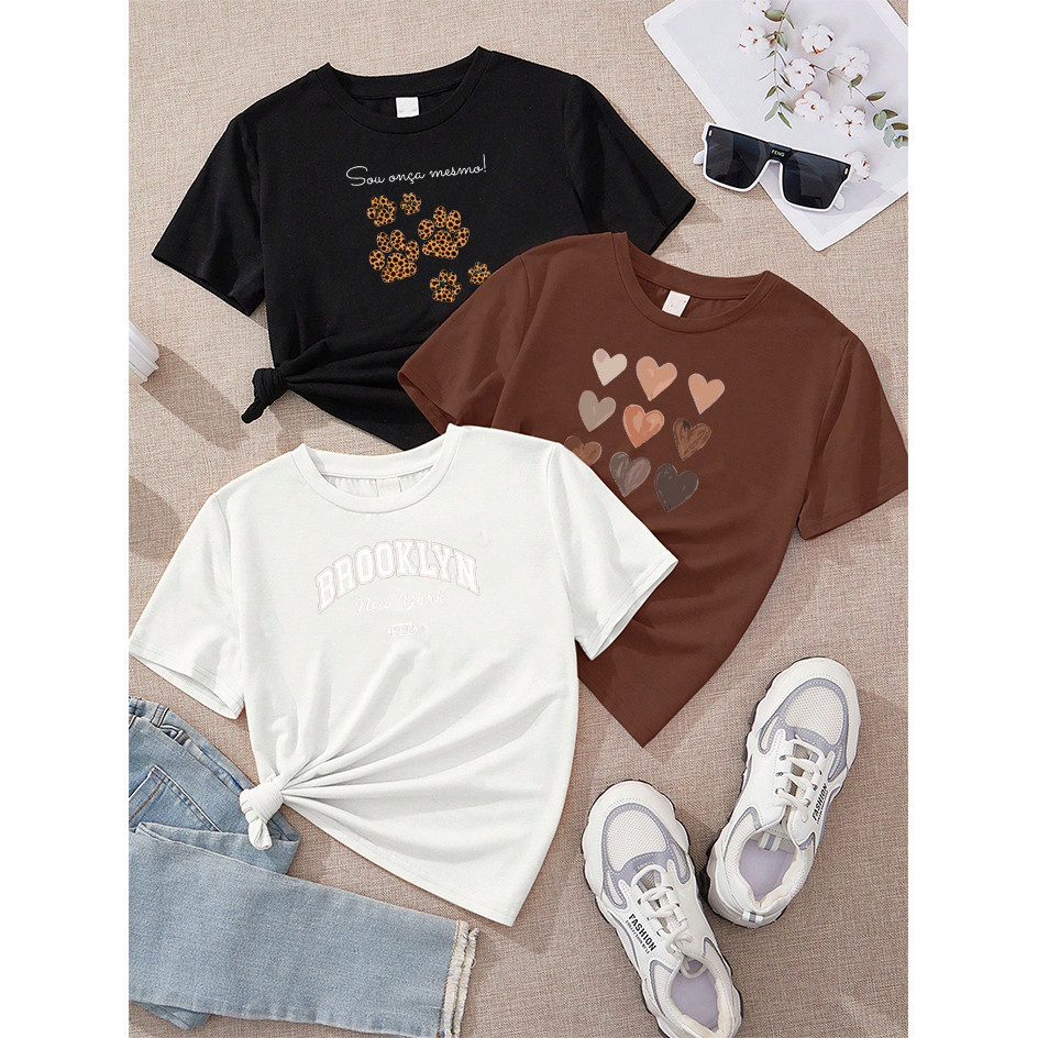 Camiseta Feminina Kit 3 Sou Onça Mesmo Patinhas Preto Nove Corações Tons Pele Marrom Brooklyn New York College Off White
