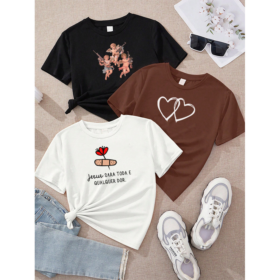 Camiseta Feminina Kit 3 Anjos Armas Preto Dois Corações Entrelaçados Marrom Frase Jesus Sara Dor Off White