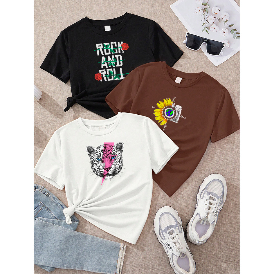 Camiseta Feminina Kit 3 Rock and Roll Preto Câmera Girassol Marrom Onça Raio Rosa Off White
