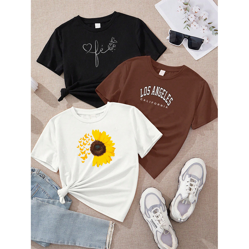 Camiseta Feminina Kit 3 Fé Flores Preto Los Angeles California Marrom Meio Girassol Borboletas Off White