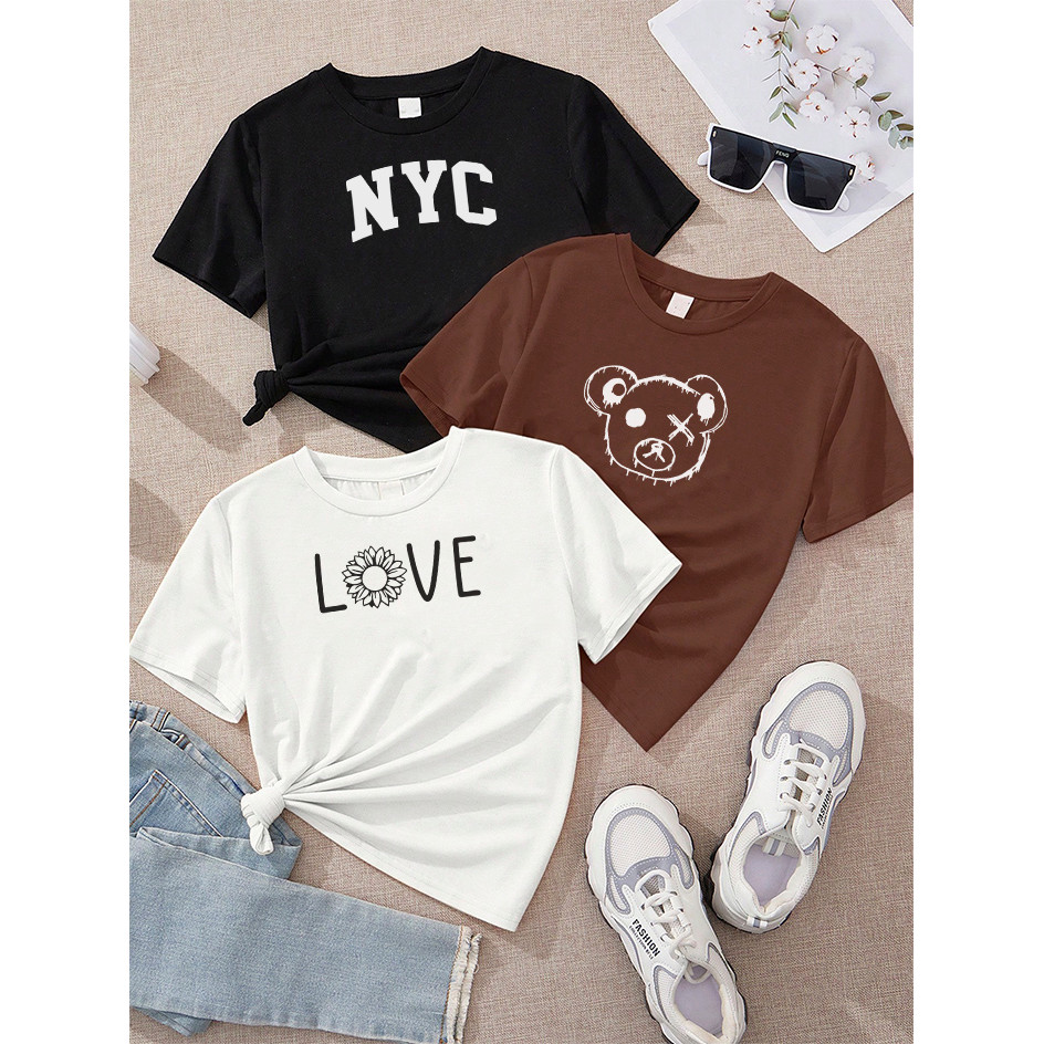 Blusa camiseta Feminina Kit 3 NYC Branco Preto Cabeça Urso X Marrom Love Girassol Off White