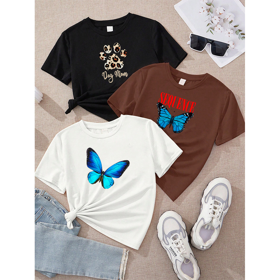 Camiseta Feminina Kit 3 Pata Dog Mom Preto Sequence Borboleta Marrom Borboleta Azul Off White