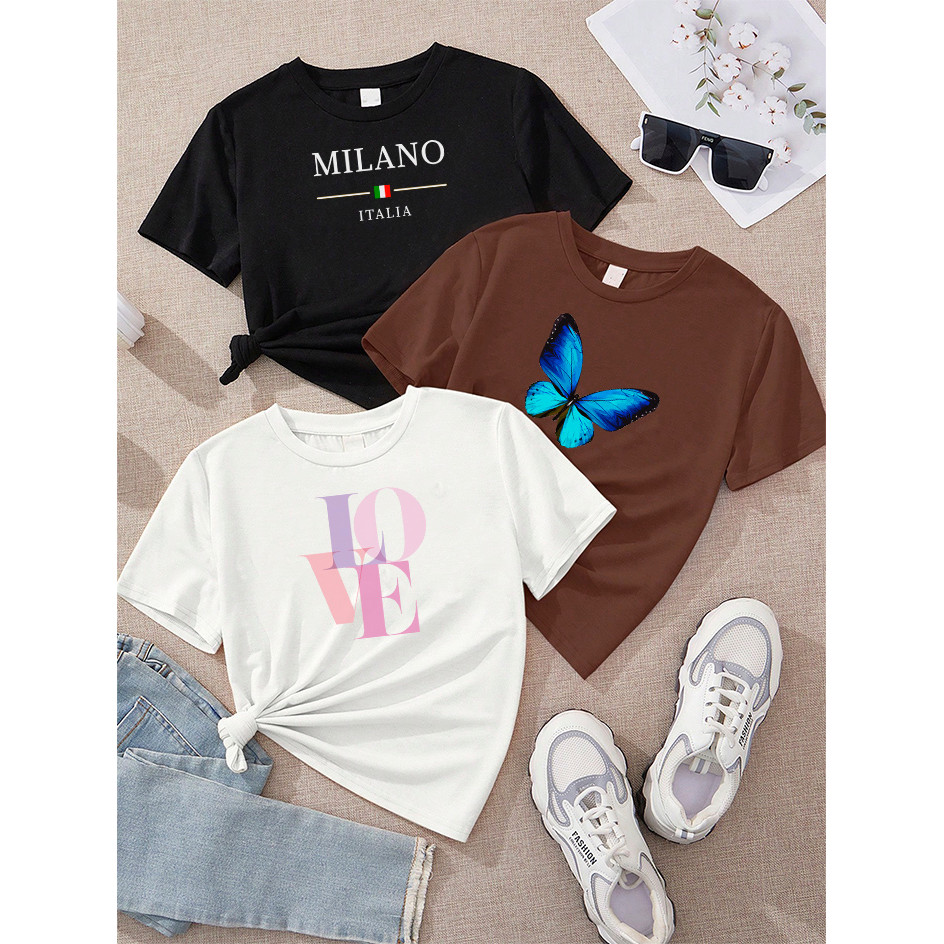 Camiseta Feminina Kit 3 Milano Italia Preto Borboleta Azul Realista Marrom Love Rosa Off White