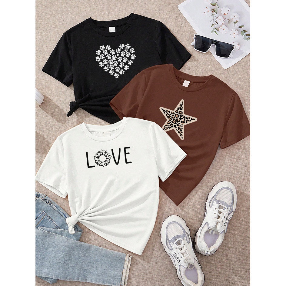 Blusa camiseta Feminina Kit 3 Coração Patinhas Preto Estrela Onça Marrom Love Girassol Off White