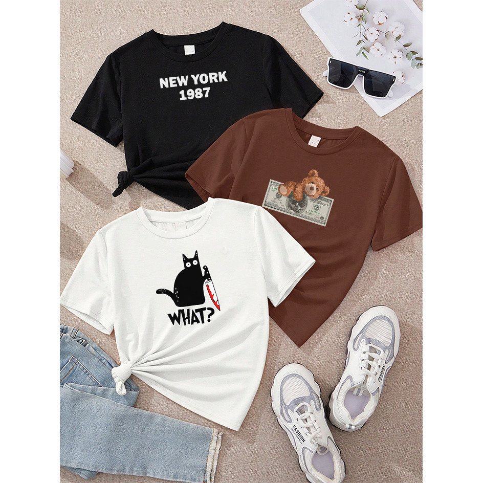 Camiseta Feminina Kit 3 New York 1987 Preto Urso Dinheiro Marrom Gato Faca What Off White
