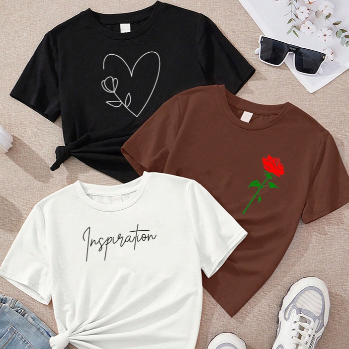 Camiseta Feminina Kit 3 Coração Flor Traço Preto Rosa Vermelha Marrom Inspiration Cursivo Off White
