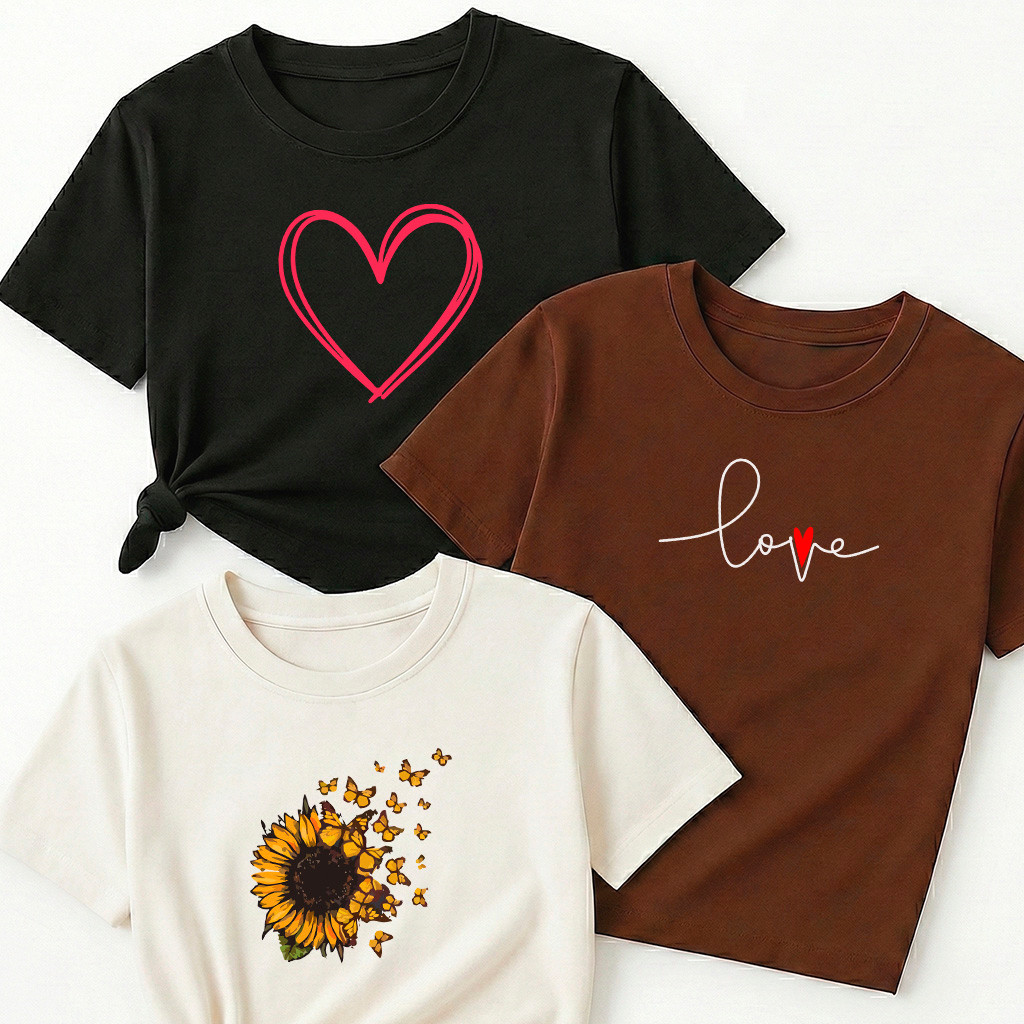 Blusa kit3 feminina Coração Vermelho Preto Love Marrom Girassol Off White