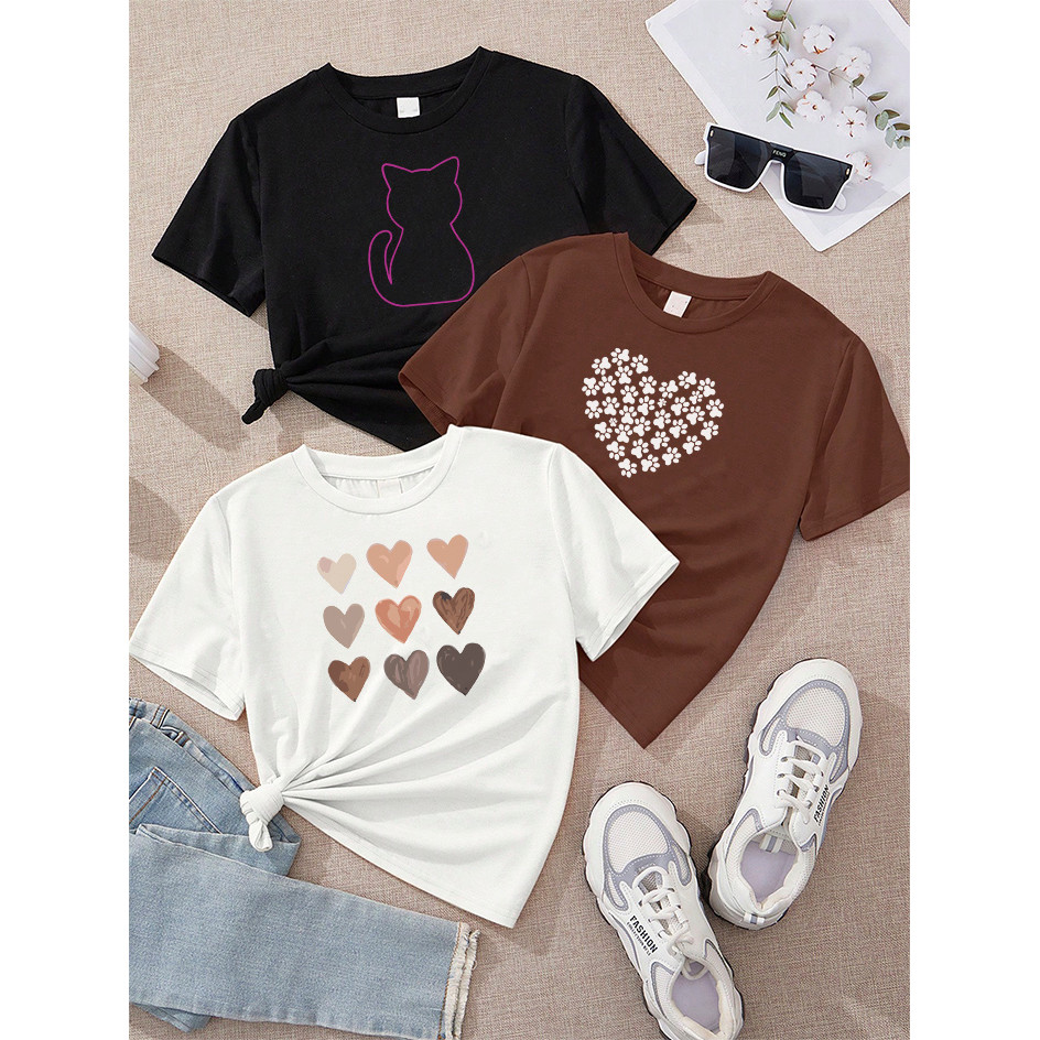 Camiseta Feminina Kit 3 Gato Contorno Preto Coração Patinhas Marrom Nove Corações Tons Off White