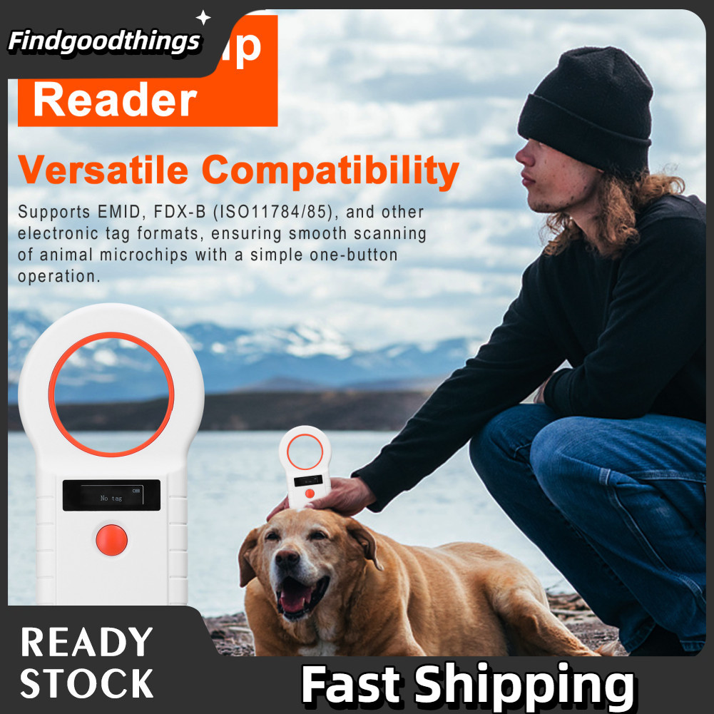 Findgoodthings-br Leitor de microchip para animais de estimação Scanner sem fio RFID portátil com chip portátil Tags de