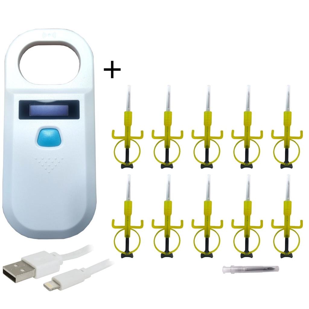 Leitor Portatil + Kit Microchip 2,12/12mm Animal 10 Unidades