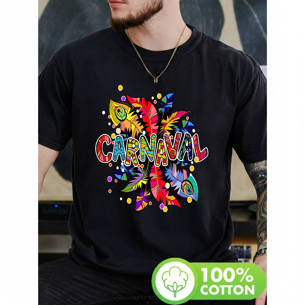 Camiseta Masculina Estampa Colorida Feathers e Letras Carnaval Moderna Estilosa Premium Festiva