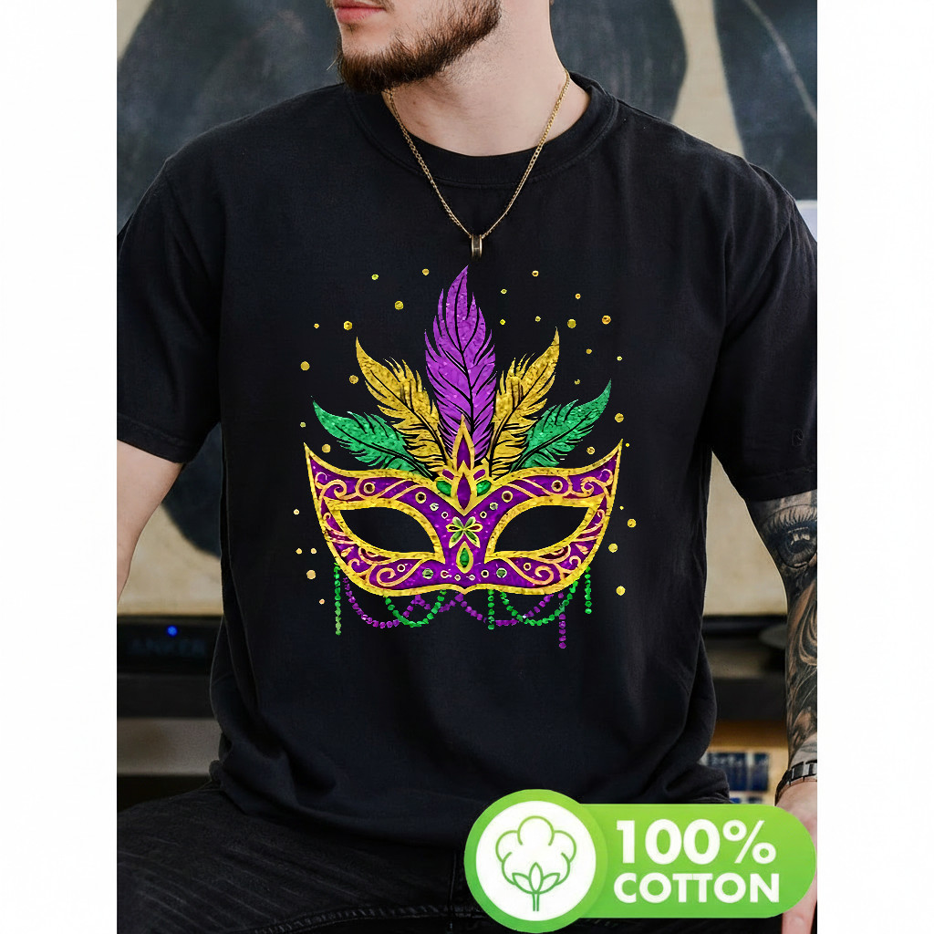 Camiseta Masculina Estampa Máscara Carnaval Feathers e Beads Estilosa Moderna Premium Carnaval