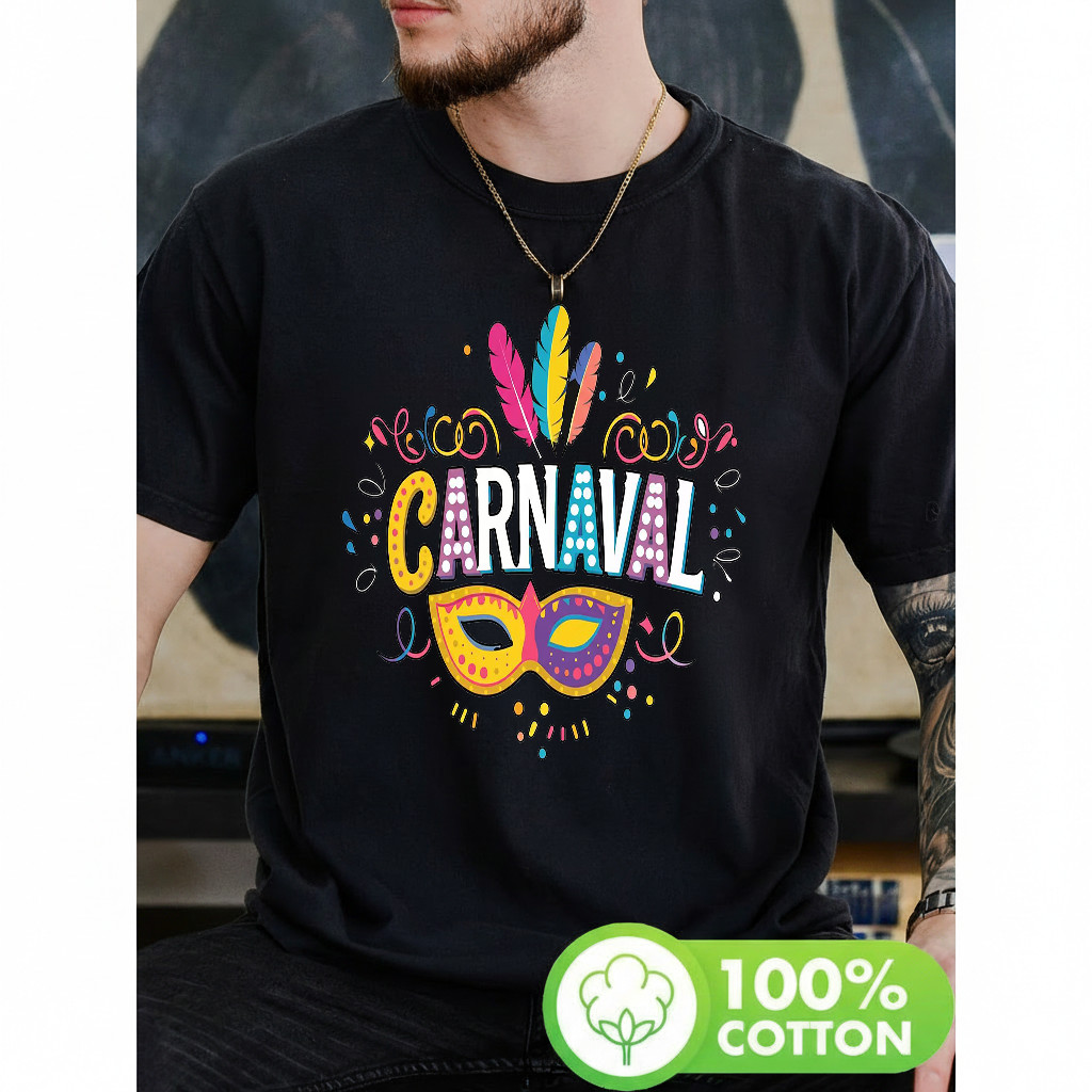 Camiseta Masculina Estampa Carnaval Máscara Feathers Confeti Moderna Atemporal Estilosa