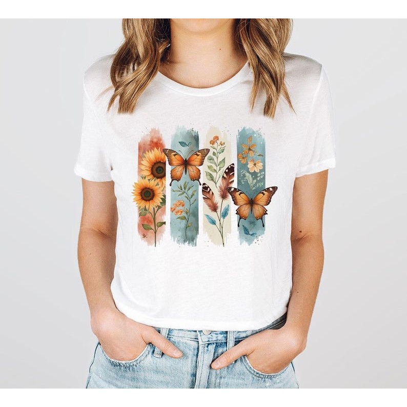 Camiseta Masculino Feminino Boho Feather Butterfly Sunflower Blusa Unissex Algodão Premium Streetwear Envio Imediato