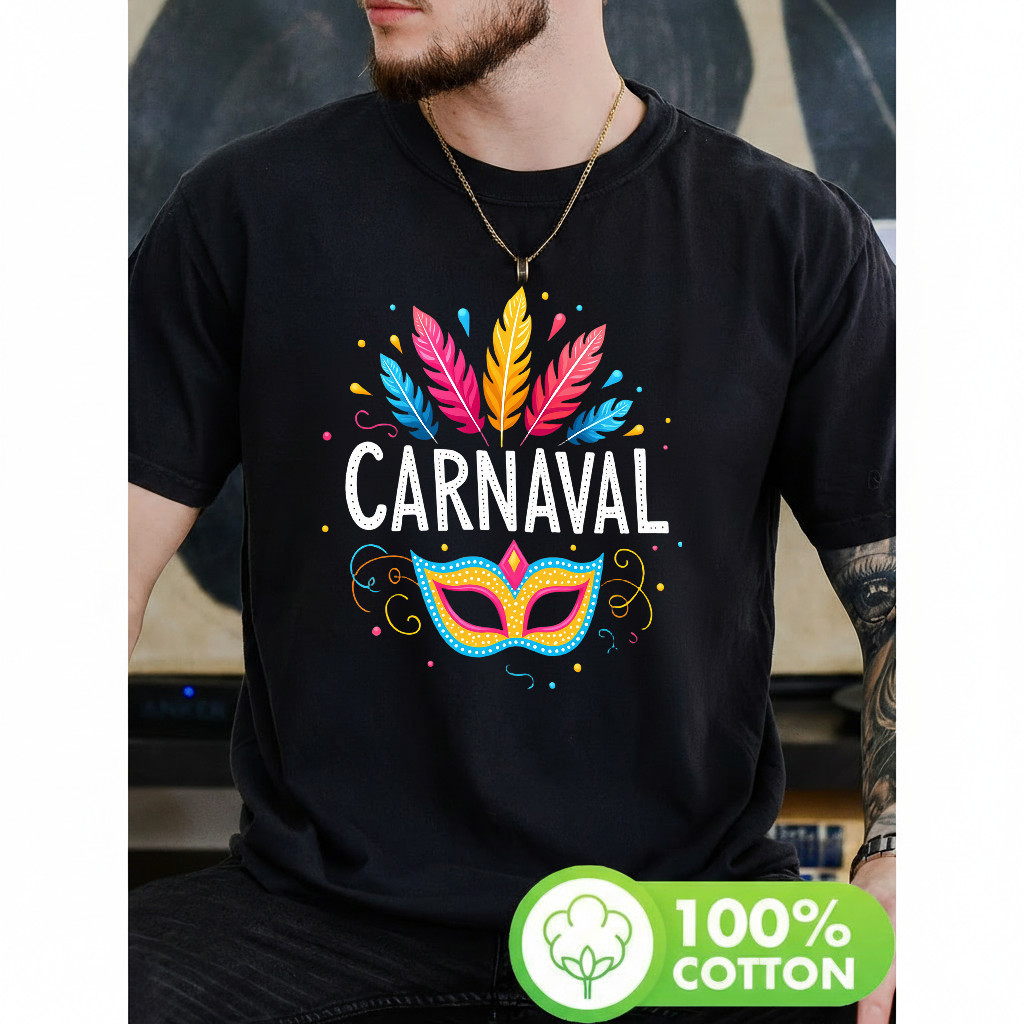 Camiseta Masculina Carnaval Feather Mask Colorful Modern Premium Festival