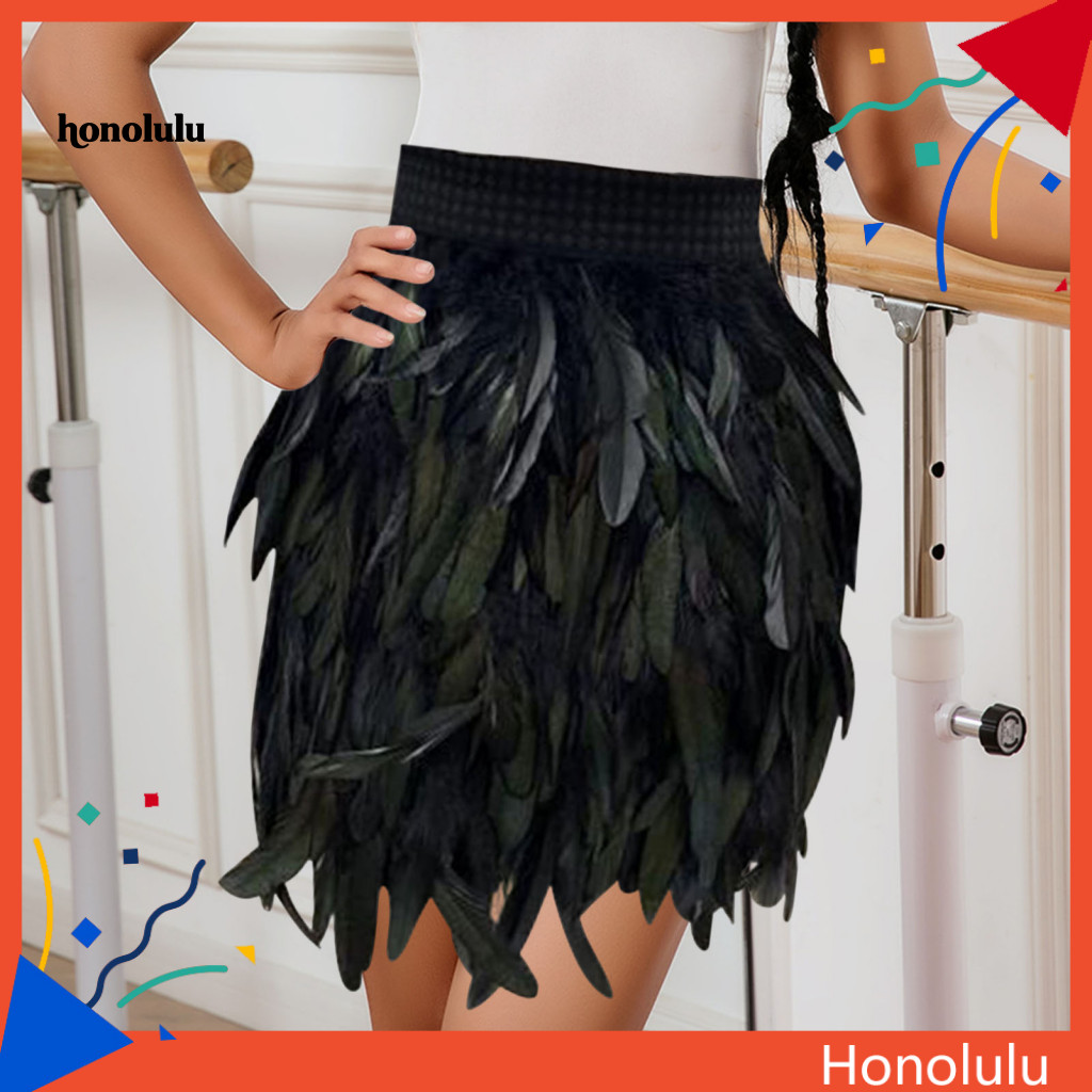 Gothic Feather Skirt Hand-sewn Mini Faux High Waist Elastic A-line Stage Women Party Wear Street Style Fashion