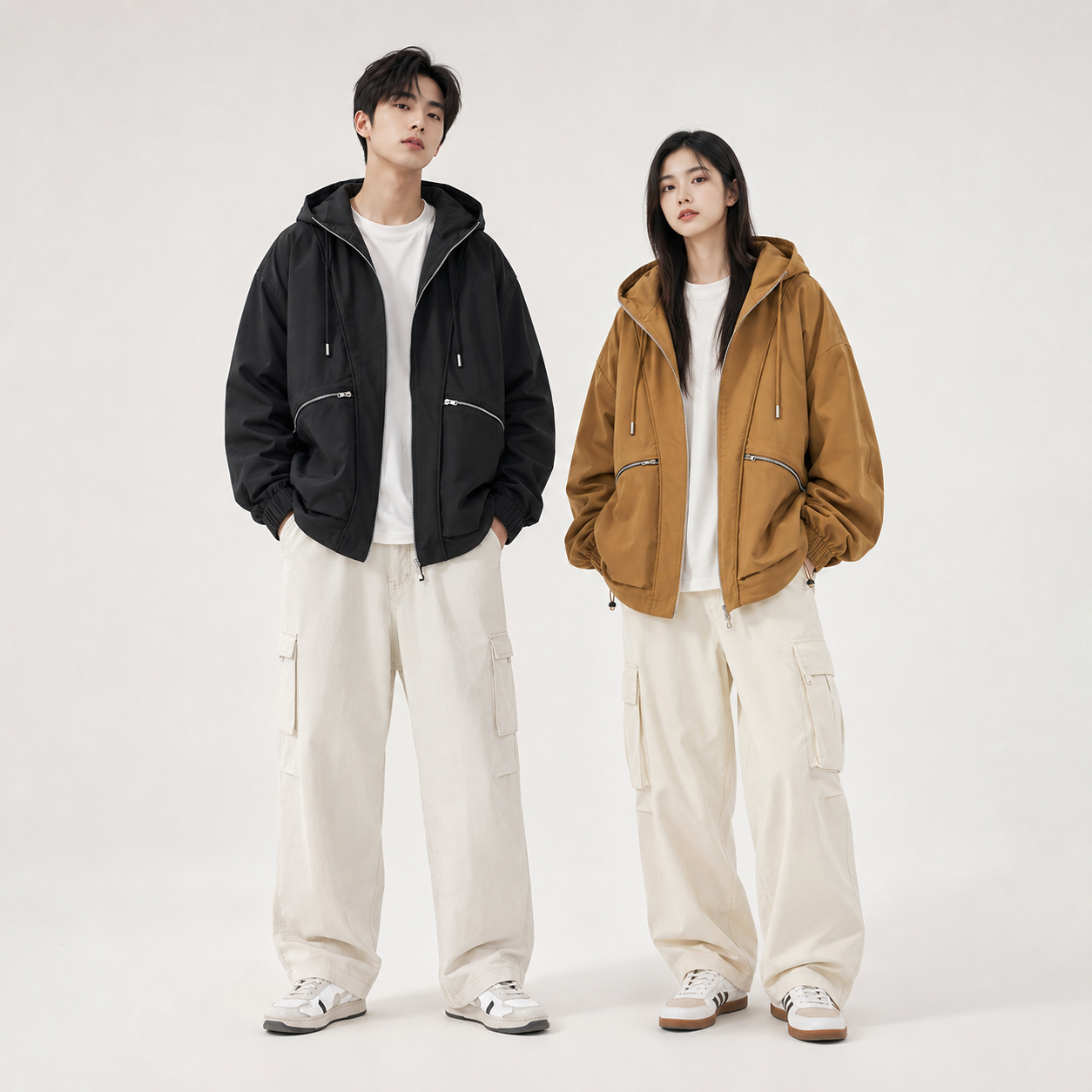 Jaqueta Masculina Techwear à Prova de Vento com Capuz - Casaco Anorak Casual Preto/Caqui