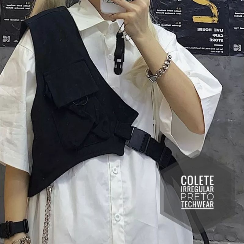 colete irregular techwear, streetwear, com bolso, ajustável, diversas cores