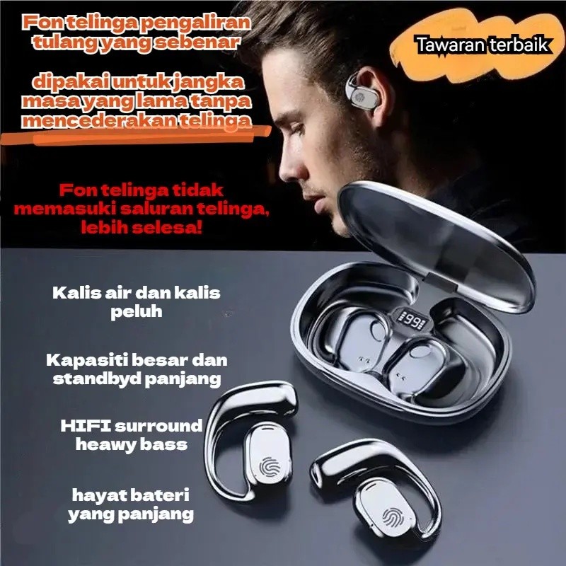 Wireless Bone Conduction Bluetooth Headphones, with LED Digital Display, Microphone and Noise Reduction, High-Quality HI