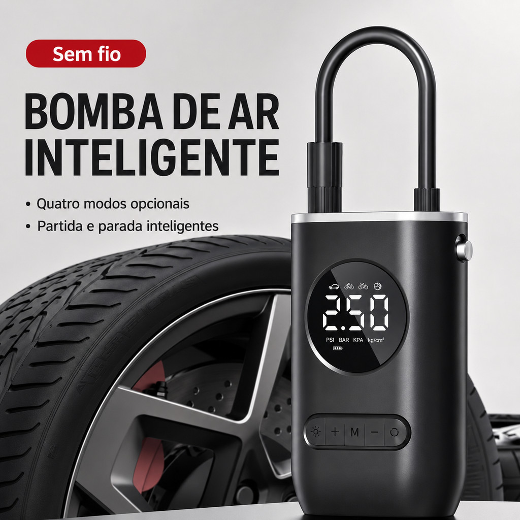 Compressor de Ar Elétrico Portátil 150 PSI USB com 4 Bicos Para Carro Moto Bicicleta e Bolas